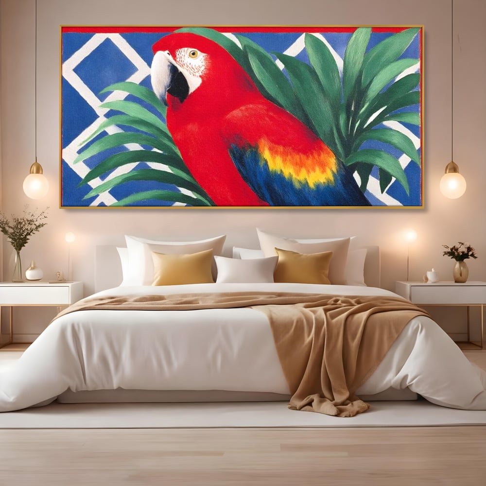 Tablou Canvas Premium, LuxCanva® M1108, Fereastra spre Jungla, Papagal, Jungla, Exotic, Pasare, Frunzis, Perete, Cadru, Rosu, Vegetatie, Expresiv, Birou, Living, Camera Copil