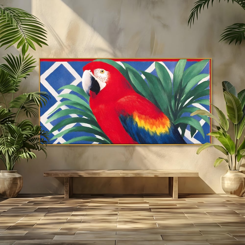 Tablou Canvas Premium, LuxCanva® M1108, Fereastra spre Jungla, Papagal, Jungla, Exotic, Pasare, Frunzis, Perete, Cadru, Rosu, Vegetatie, Expresiv, Birou, Living, Camera Copil