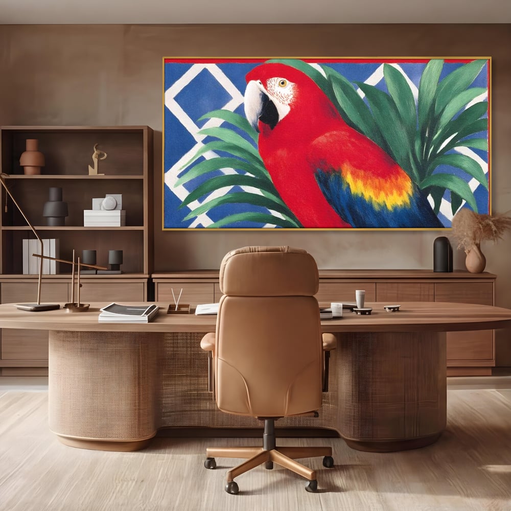 Tablou Canvas Premium, LuxCanva® M1108, Fereastra spre Jungla, Papagal, Jungla, Exotic, Pasare, Frunzis, Perete, Cadru, Rosu, Vegetatie, Expresiv, Birou, Living, Camera Copil