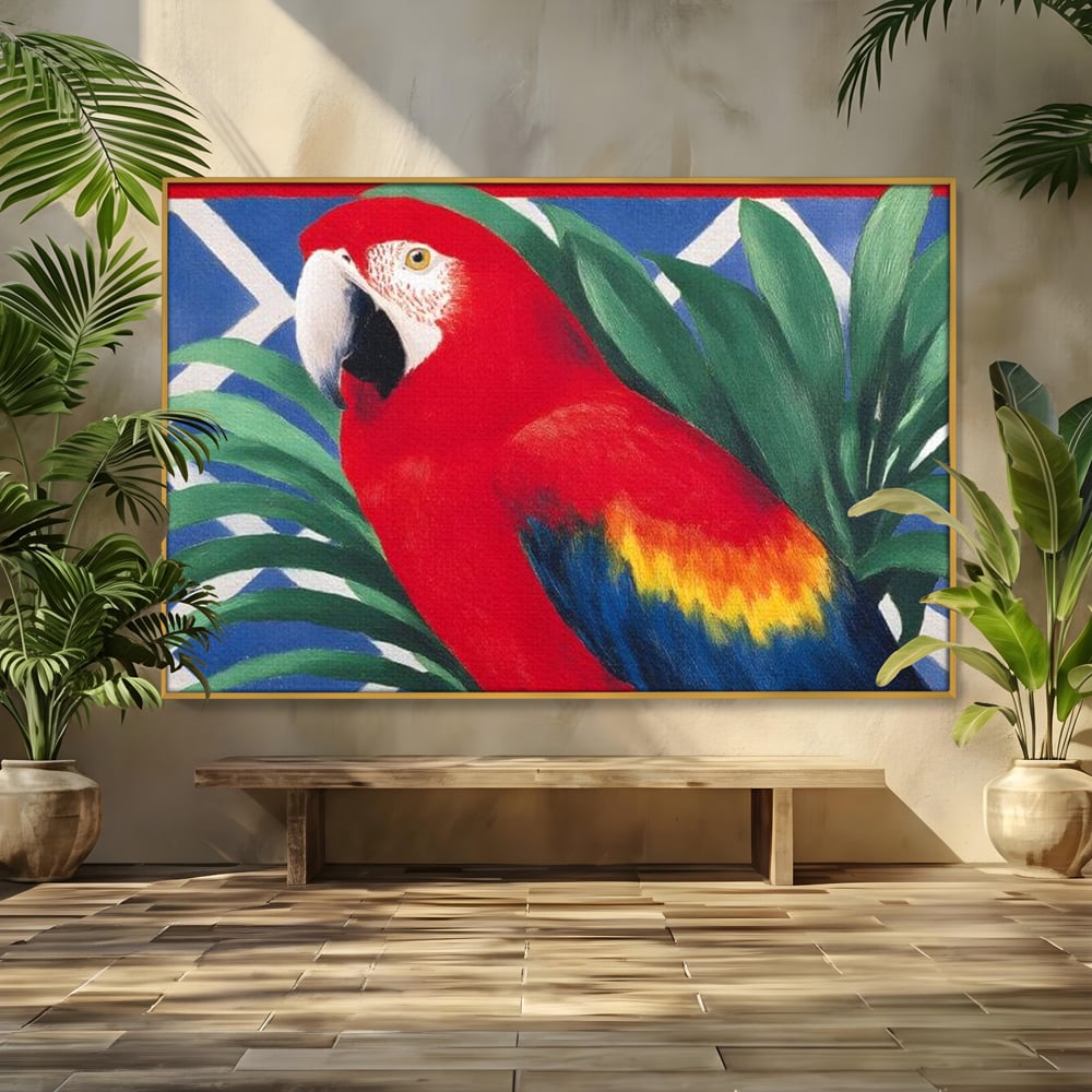 Tablou Canvas Premium, LuxCanva® M1108, Fereastra spre Jungla, Papagal, Jungla, Exotic, Pasare, Frunzis, Perete, Cadru, Rosu, Vegetatie, Expresiv, Birou, Living, Camera Copil