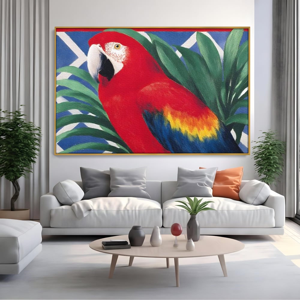 Tablou Canvas Premium, LuxCanva® M1108, Fereastra spre Jungla, Papagal, Jungla, Exotic, Pasare, Frunzis, Perete, Cadru, Rosu, Vegetatie, Expresiv, Birou, Living, Camera Copil