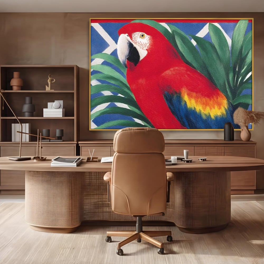 Tablou Canvas Premium, LuxCanva® M1108, Fereastra spre Jungla, Papagal, Jungla, Exotic, Pasare, Frunzis, Perete, Cadru, Rosu, Vegetatie, Expresiv, Birou, Living, Camera Copil