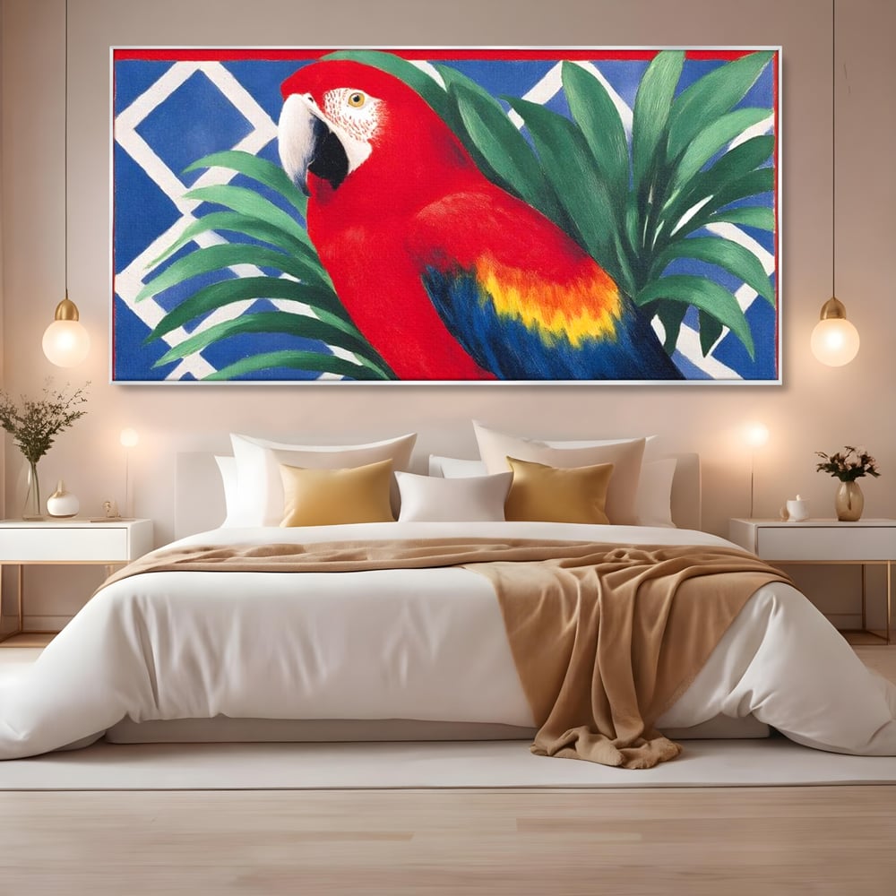 Tablou Canvas Premium, LuxCanva® M1108, Fereastra spre Jungla, Papagal, Jungla, Exotic, Pasare, Frunzis, Perete, Cadru, Rosu, Vegetatie, Expresiv, Birou, Living, Camera Copil