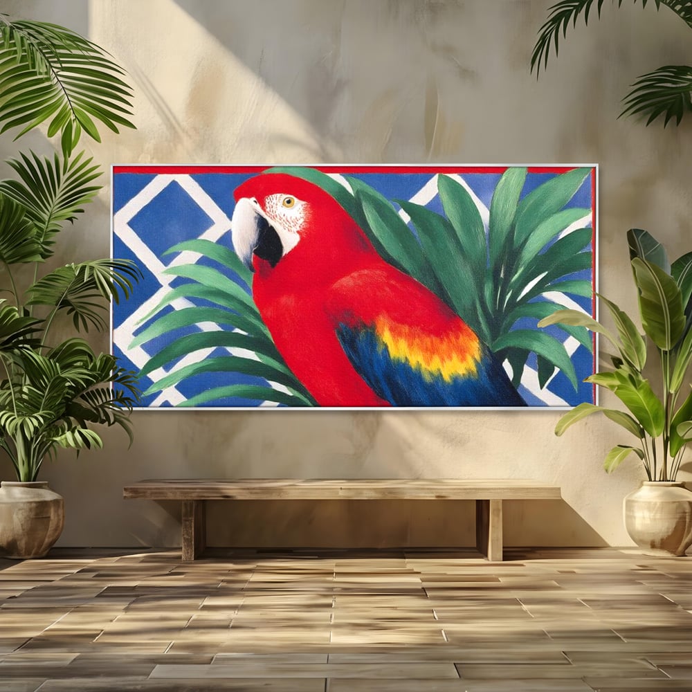 Tablou Canvas Premium, LuxCanva® M1108, Fereastra spre Jungla, Papagal, Jungla, Exotic, Pasare, Frunzis, Perete, Cadru, Rosu, Vegetatie, Expresiv, Birou, Living, Camera Copil