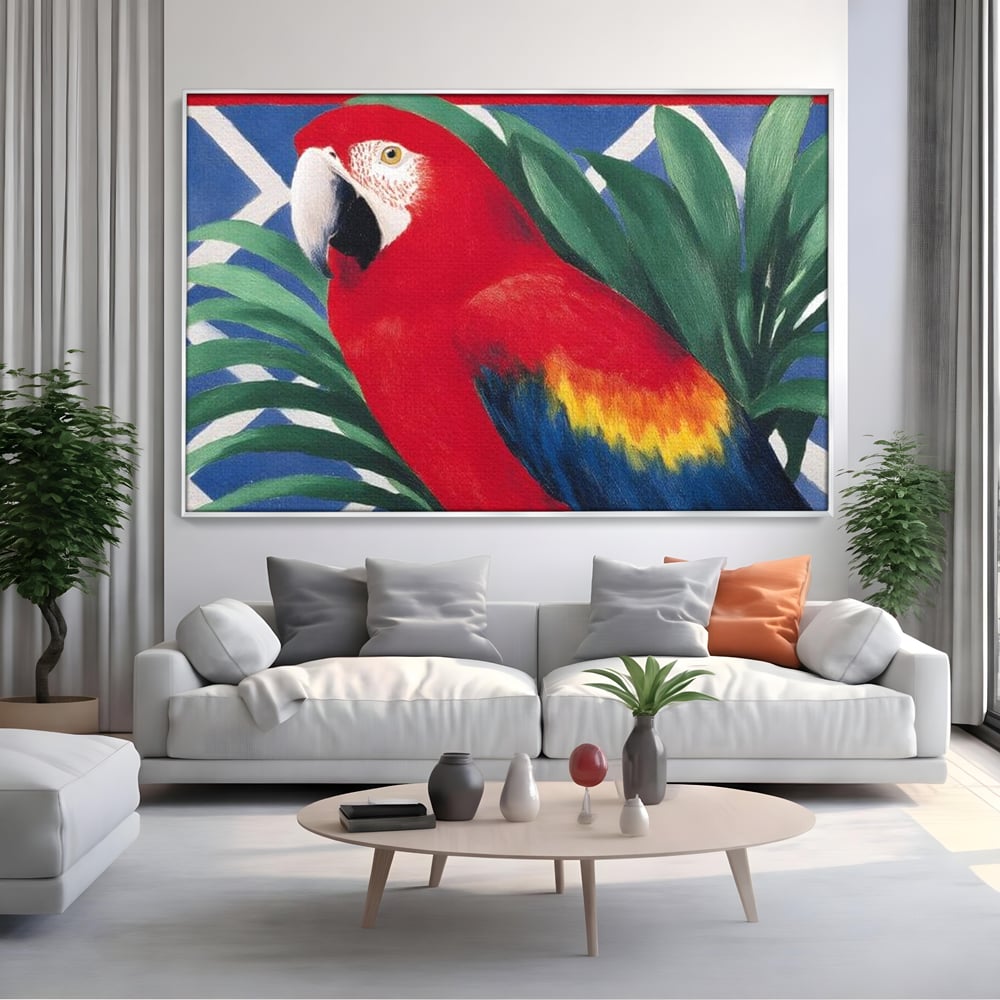 Tablou Canvas Premium, LuxCanva® M1108, Fereastra spre Jungla, Papagal, Jungla, Exotic, Pasare, Frunzis, Perete, Cadru, Rosu, Vegetatie, Expresiv, Birou, Living, Camera Copil