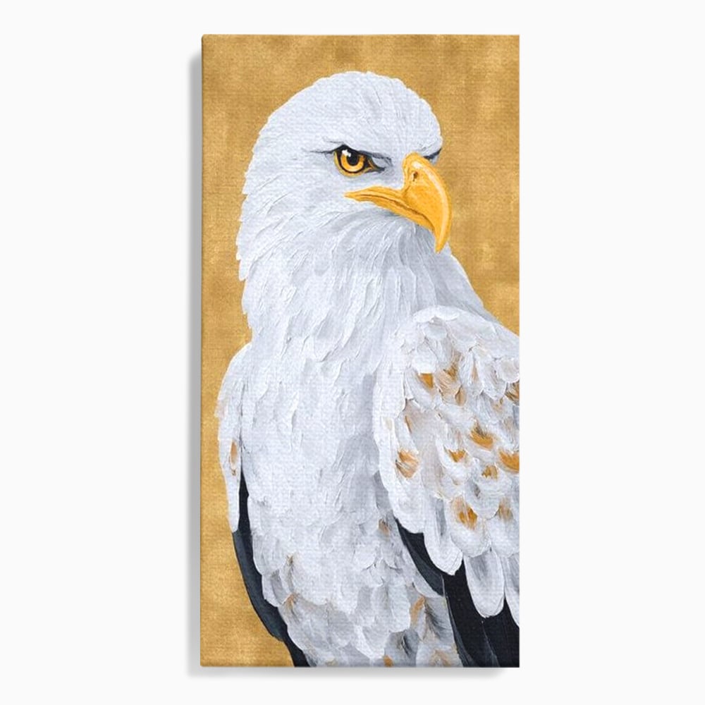 Leinwand Premium Canvas Wandkunst, LuxCanva® M1109, geschnitzter Flügel, Adler, Blick, Vogel, Malerei, Kraft, Textur, Kunst, Porträt, weiß, vertikal, königlich, Büro, Wohnen, Kinderzimmer