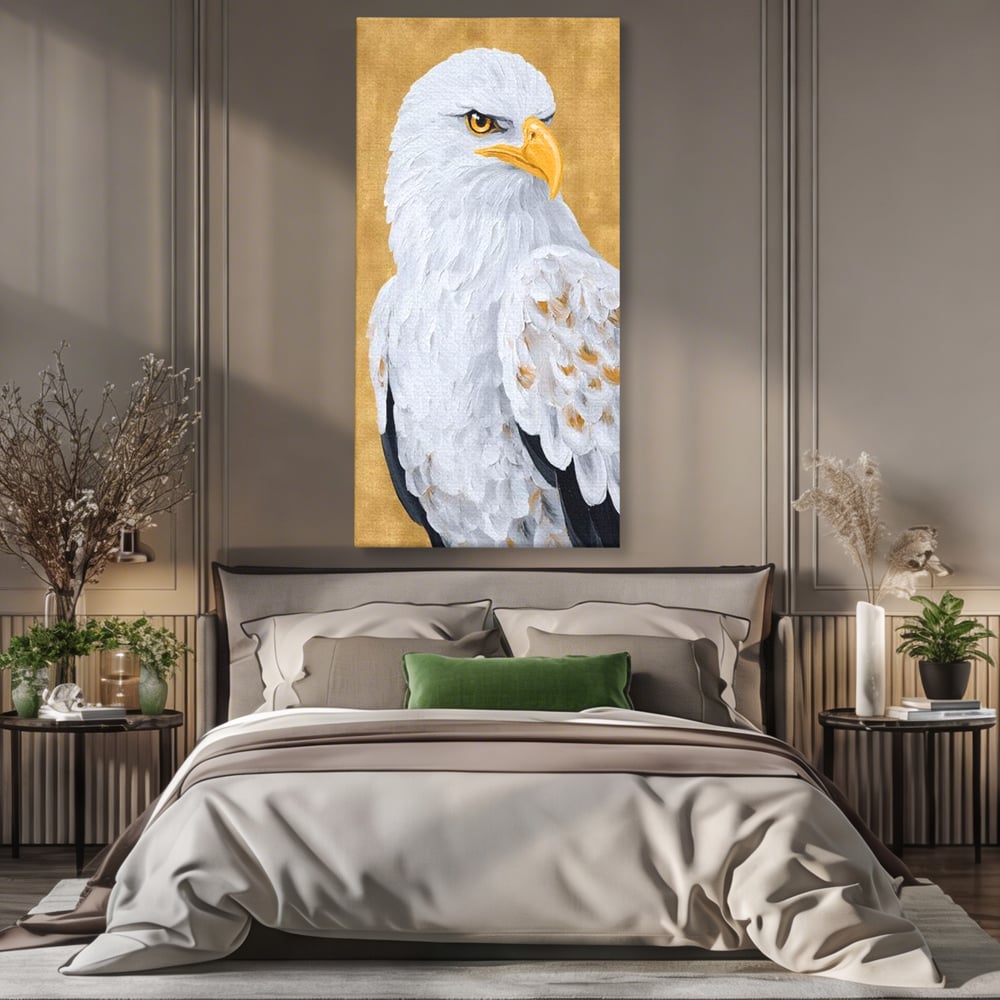 Leinwand Premium Canvas Wandkunst, LuxCanva® M1109, geschnitzter Flügel, Adler, Blick, Vogel, Malerei, Kraft, Textur, Kunst, Porträt, weiß, vertikal, königlich, Büro, Wohnen, Kinderzimmer