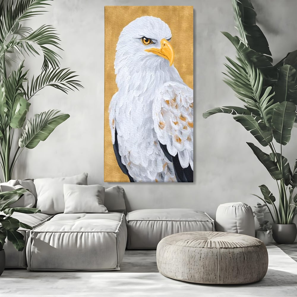 Leinwand Premium Canvas Wandkunst, LuxCanva® M1109, geschnitzter Flügel, Adler, Blick, Vogel, Malerei, Kraft, Textur, Kunst, Porträt, weiß, vertikal, königlich, Büro, Wohnen, Kinderzimmer