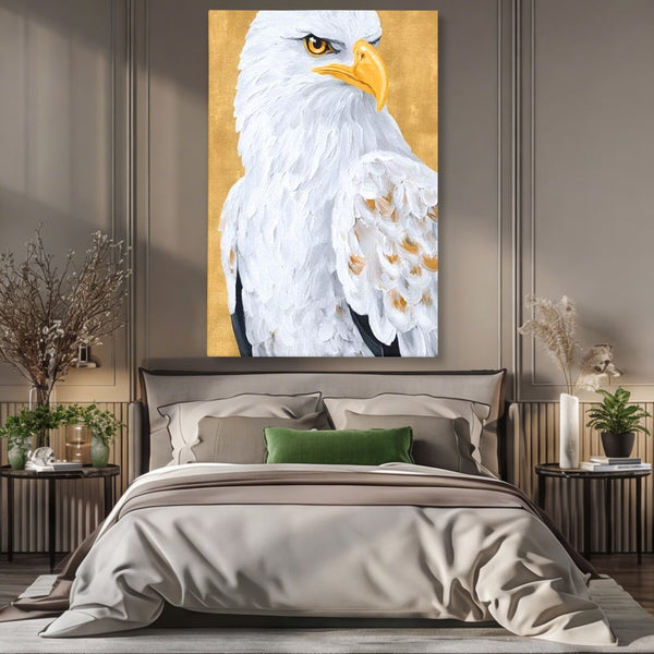 Leinwand Premium Canvas Wandkunst, LuxCanva® M1109, geschnitzter Flügel, Adler, Blick, Vogel, Malerei, Kraft, Textur, Kunst, Porträt, weiß, vertikal, königlich, Büro, Wohnen, Kinderzimmer
