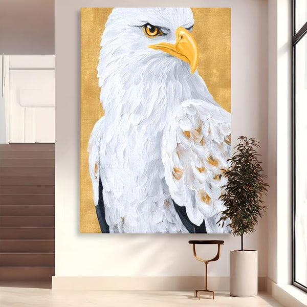 Leinwand Premium Canvas Wandkunst, LuxCanva® M1109, geschnitzter Flügel, Adler, Blick, Vogel, Malerei, Kraft, Textur, Kunst, Porträt, weiß, vertikal, königlich, Büro, Wohnen, Kinderzimmer