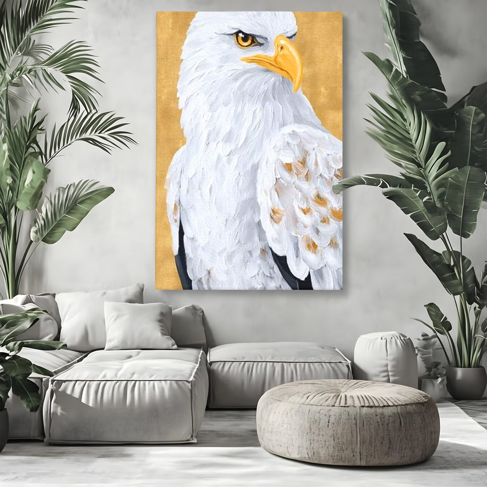 Leinwand Premium Canvas Wandkunst, LuxCanva® M1109, geschnitzter Flügel, Adler, Blick, Vogel, Malerei, Kraft, Textur, Kunst, Porträt, weiß, vertikal, königlich, Büro, Wohnen, Kinderzimmer