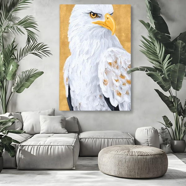 Leinwand Premium Canvas Wandkunst, LuxCanva® M1109, geschnitzter Flügel, Adler, Blick, Vogel, Malerei, Kraft, Textur, Kunst, Porträt, weiß, vertikal, königlich, Büro, Wohnen, Kinderzimmer