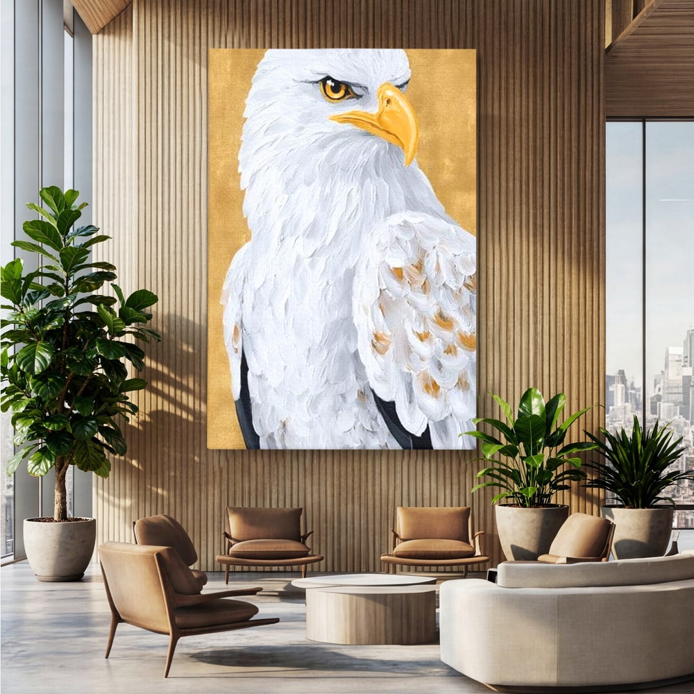 Leinwand Premium Canvas Wandkunst, LuxCanva® M1109, geschnitzter Flügel, Adler, Blick, Vogel, Malerei, Kraft, Textur, Kunst, Porträt, weiß, vertikal, königlich, Büro, Wohnen, Kinderzimmer