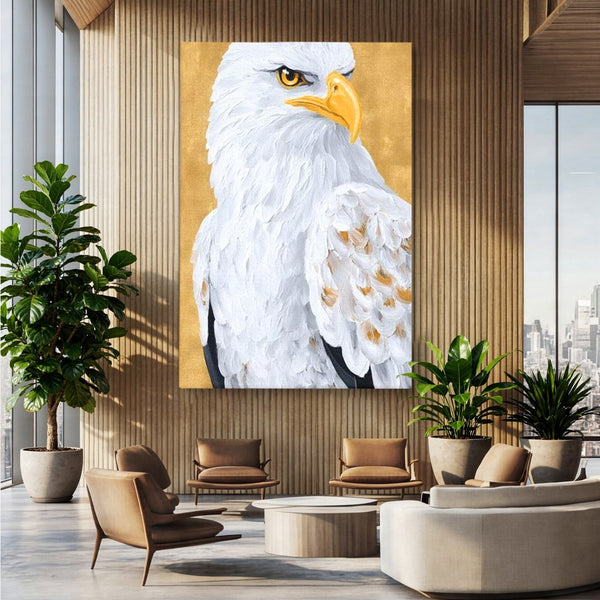 Leinwand Premium Canvas Wandkunst, LuxCanva® M1109, geschnitzter Flügel, Adler, Blick, Vogel, Malerei, Kraft, Textur, Kunst, Porträt, weiß, vertikal, königlich, Büro, Wohnen, Kinderzimmer