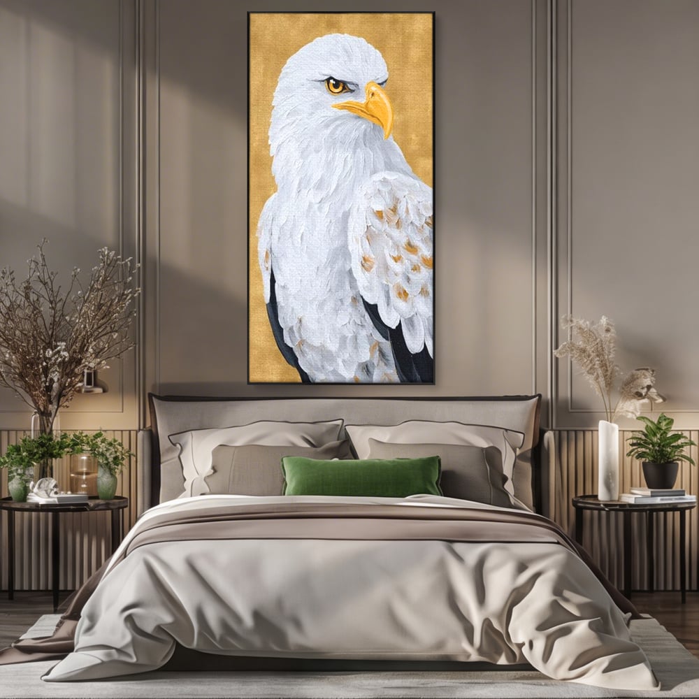 Leinwand Premium Canvas Wandkunst, LuxCanva® M1109, geschnitzter Flügel, Adler, Blick, Vogel, Malerei, Kraft, Textur, Kunst, Porträt, weiß, vertikal, königlich, Büro, Wohnen, Kinderzimmer