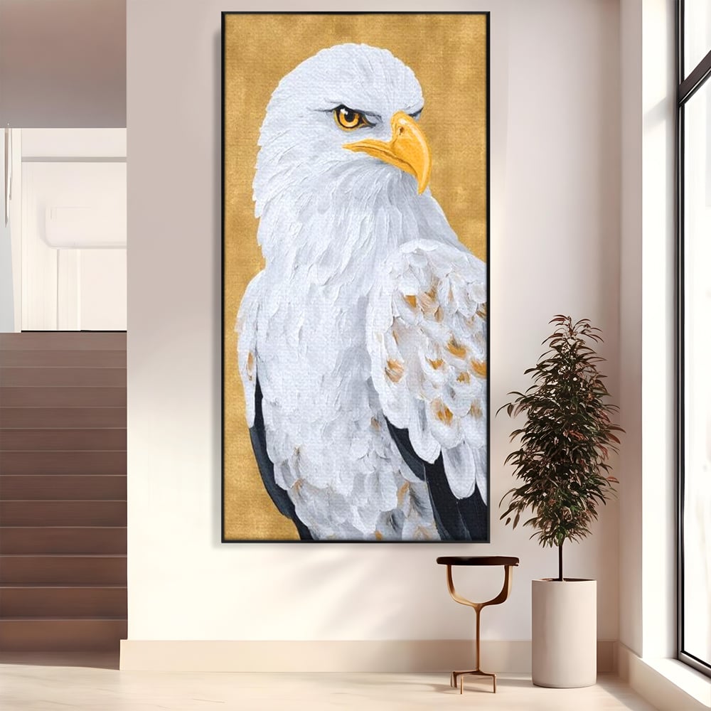 Leinwand Premium Canvas Wandkunst, LuxCanva® M1109, geschnitzter Flügel, Adler, Blick, Vogel, Malerei, Kraft, Textur, Kunst, Porträt, weiß, vertikal, königlich, Büro, Wohnen, Kinderzimmer