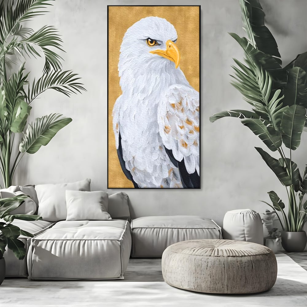 Leinwand Premium Canvas Wandkunst, LuxCanva® M1109, geschnitzter Flügel, Adler, Blick, Vogel, Malerei, Kraft, Textur, Kunst, Porträt, weiß, vertikal, königlich, Büro, Wohnen, Kinderzimmer