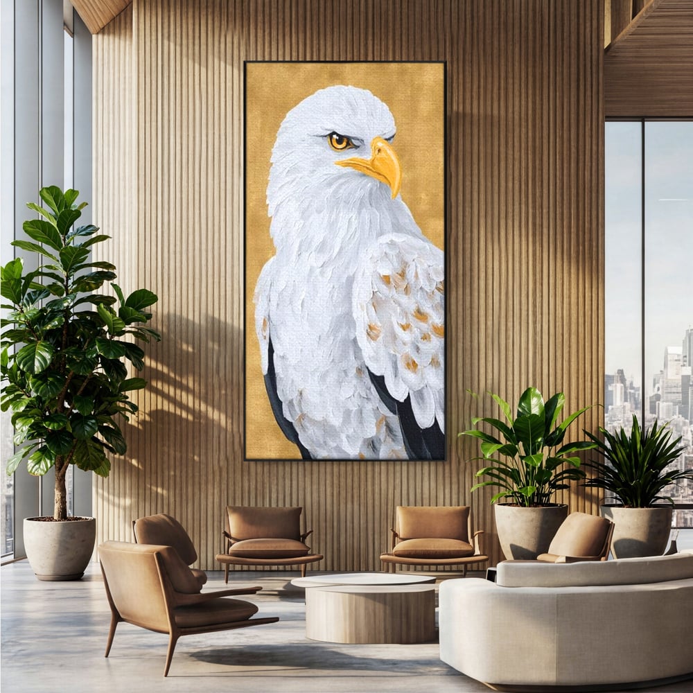 Leinwand Premium Canvas Wandkunst, LuxCanva® M1109, geschnitzter Flügel, Adler, Blick, Vogel, Malerei, Kraft, Textur, Kunst, Porträt, weiß, vertikal, königlich, Büro, Wohnen, Kinderzimmer