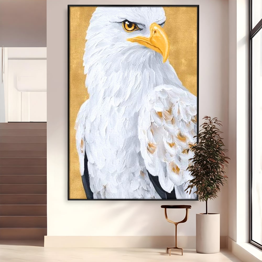 Leinwand Premium Canvas Wandkunst, LuxCanva® M1109, geschnitzter Flügel, Adler, Blick, Vogel, Malerei, Kraft, Textur, Kunst, Porträt, weiß, vertikal, königlich, Büro, Wohnen, Kinderzimmer