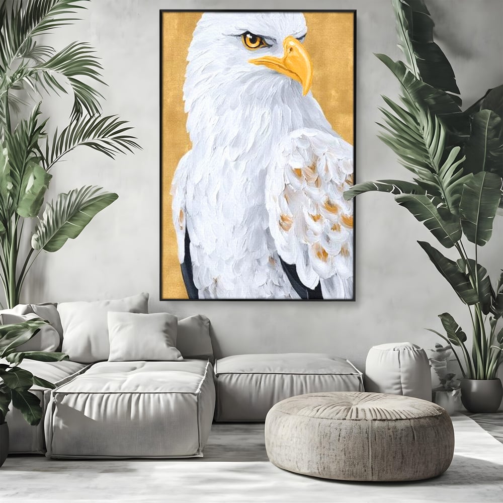 Leinwand Premium Canvas Wandkunst, LuxCanva® M1109, geschnitzter Flügel, Adler, Blick, Vogel, Malerei, Kraft, Textur, Kunst, Porträt, weiß, vertikal, königlich, Büro, Wohnen, Kinderzimmer