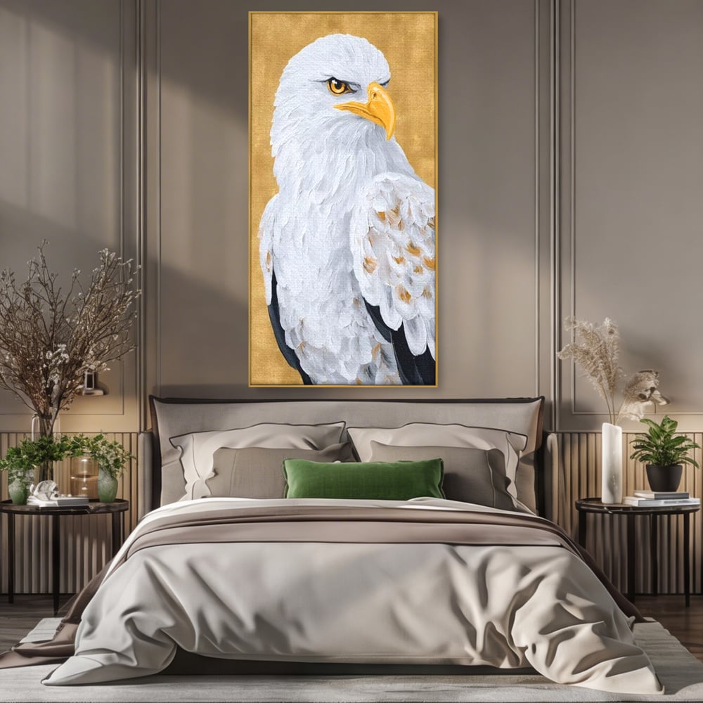 Leinwand Premium Canvas Wandkunst, LuxCanva® M1109, geschnitzter Flügel, Adler, Blick, Vogel, Malerei, Kraft, Textur, Kunst, Porträt, weiß, vertikal, königlich, Büro, Wohnen, Kinderzimmer
