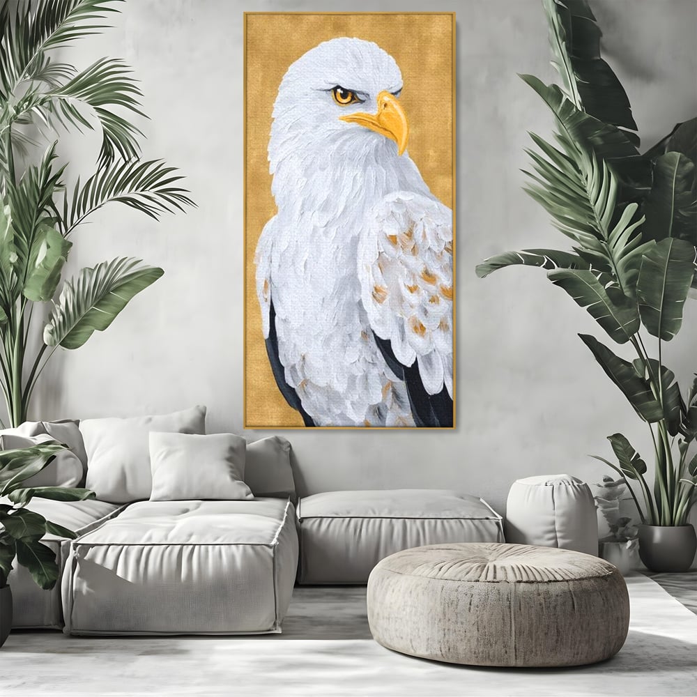 Leinwand Premium Canvas Wandkunst, LuxCanva® M1109, geschnitzter Flügel, Adler, Blick, Vogel, Malerei, Kraft, Textur, Kunst, Porträt, weiß, vertikal, königlich, Büro, Wohnen, Kinderzimmer