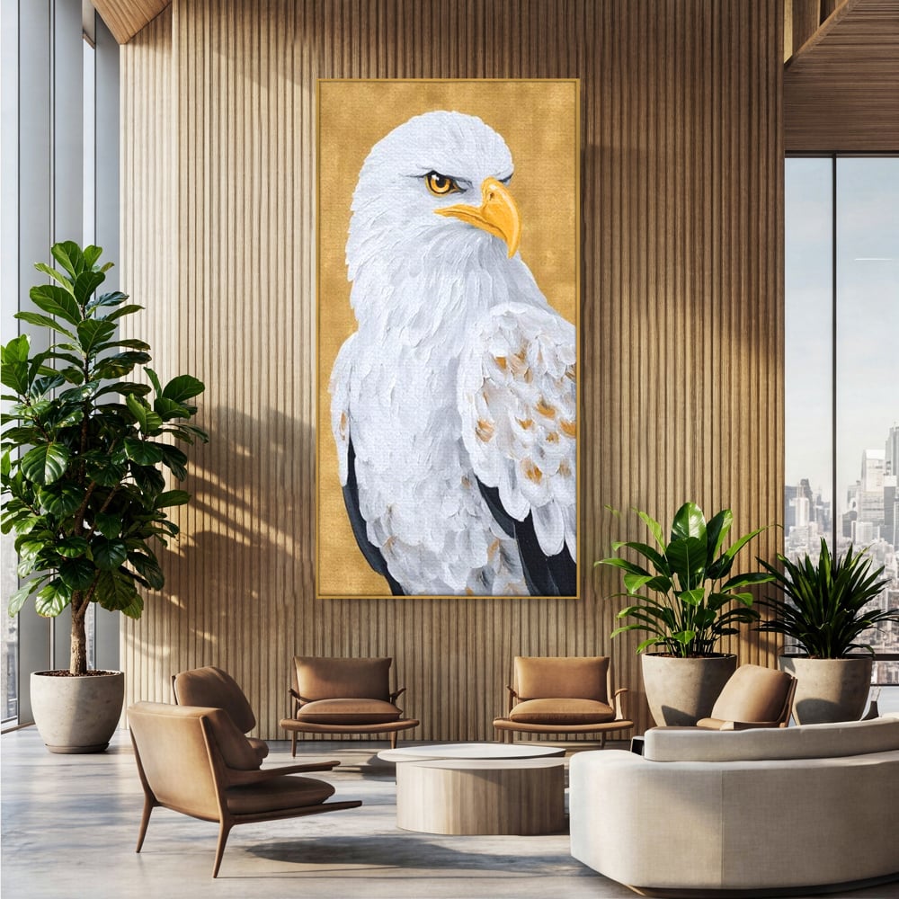 Leinwand Premium Canvas Wandkunst, LuxCanva® M1109, geschnitzter Flügel, Adler, Blick, Vogel, Malerei, Kraft, Textur, Kunst, Porträt, weiß, vertikal, königlich, Büro, Wohnen, Kinderzimmer
