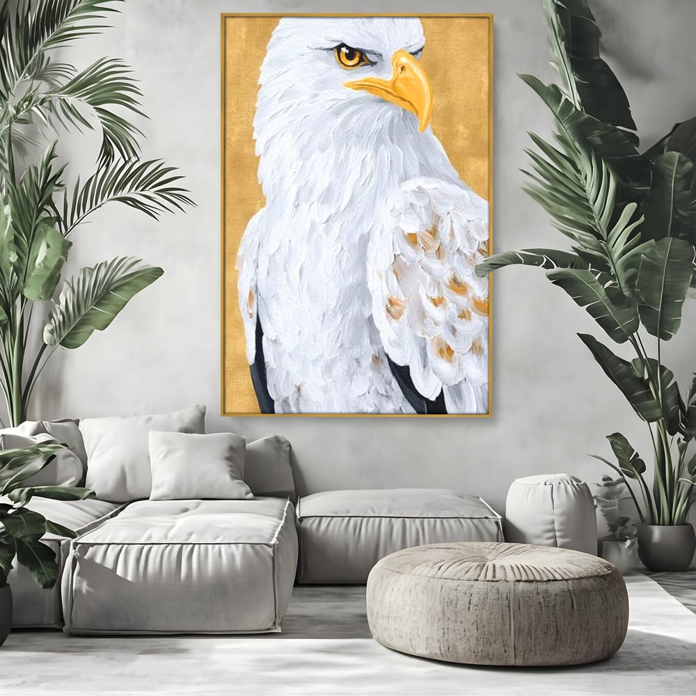 Leinwand Premium Canvas Wandkunst, LuxCanva® M1109, geschnitzter Flügel, Adler, Blick, Vogel, Malerei, Kraft, Textur, Kunst, Porträt, weiß, vertikal, königlich, Büro, Wohnen, Kinderzimmer