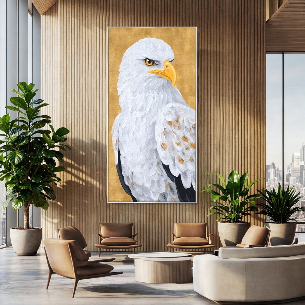 Leinwand Premium Canvas Wandkunst, LuxCanva® M1109, geschnitzter Flügel, Adler, Blick, Vogel, Malerei, Kraft, Textur, Kunst, Porträt, weiß, vertikal, königlich, Büro, Wohnen, Kinderzimmer