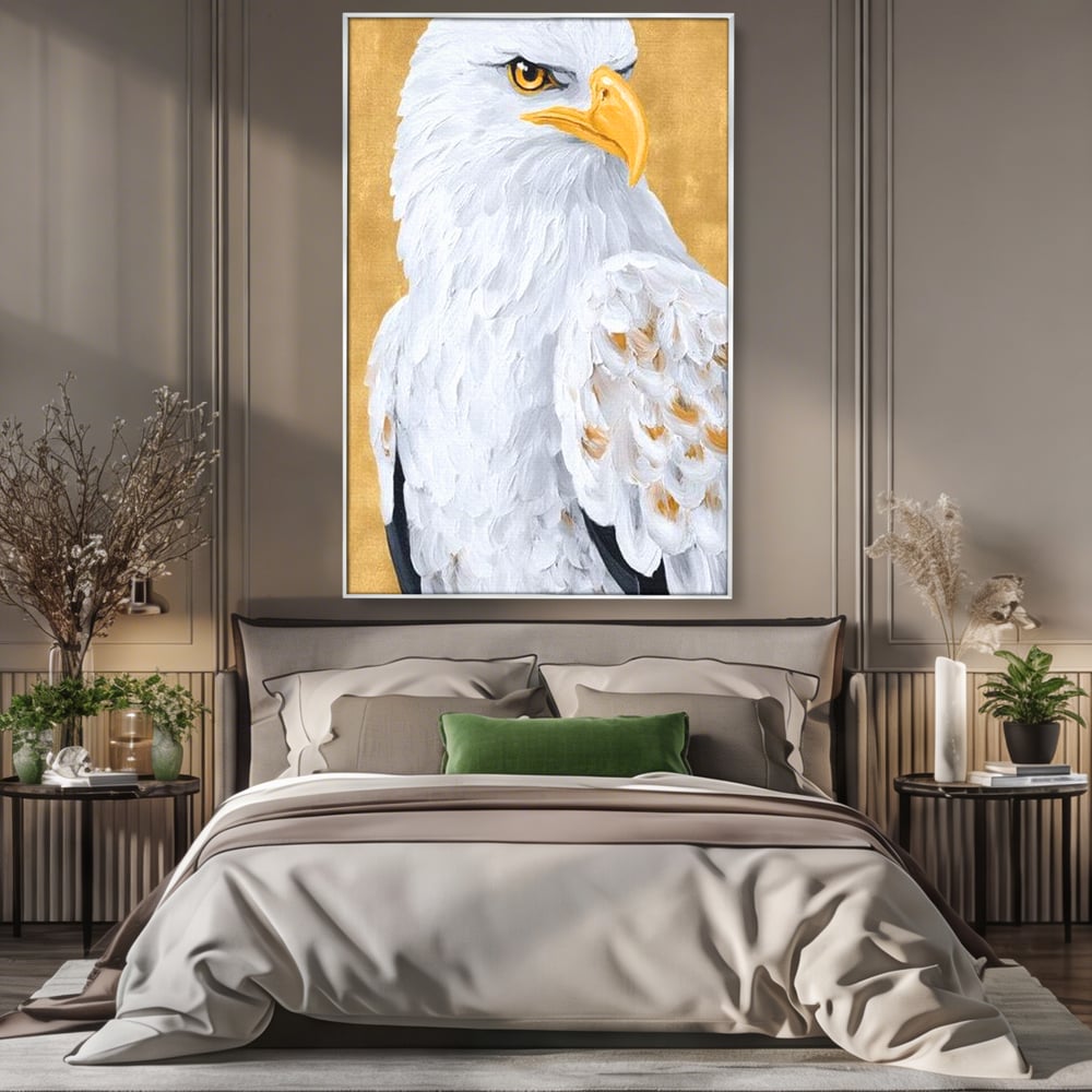 Leinwand Premium Canvas Wandkunst, LuxCanva® M1109, geschnitzter Flügel, Adler, Blick, Vogel, Malerei, Kraft, Textur, Kunst, Porträt, weiß, vertikal, königlich, Büro, Wohnen, Kinderzimmer