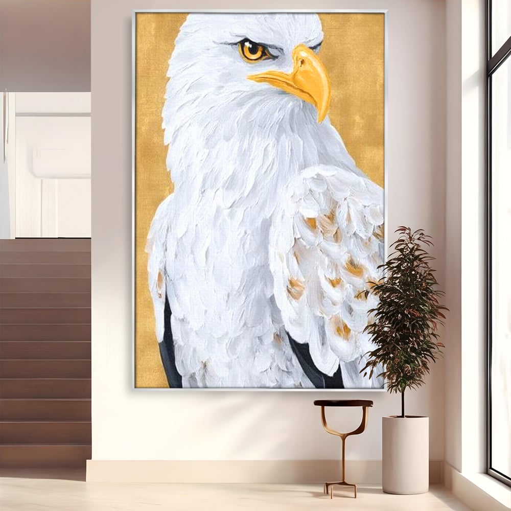 Leinwand Premium Canvas Wandkunst, LuxCanva® M1109, geschnitzter Flügel, Adler, Blick, Vogel, Malerei, Kraft, Textur, Kunst, Porträt, weiß, vertikal, königlich, Büro, Wohnen, Kinderzimmer