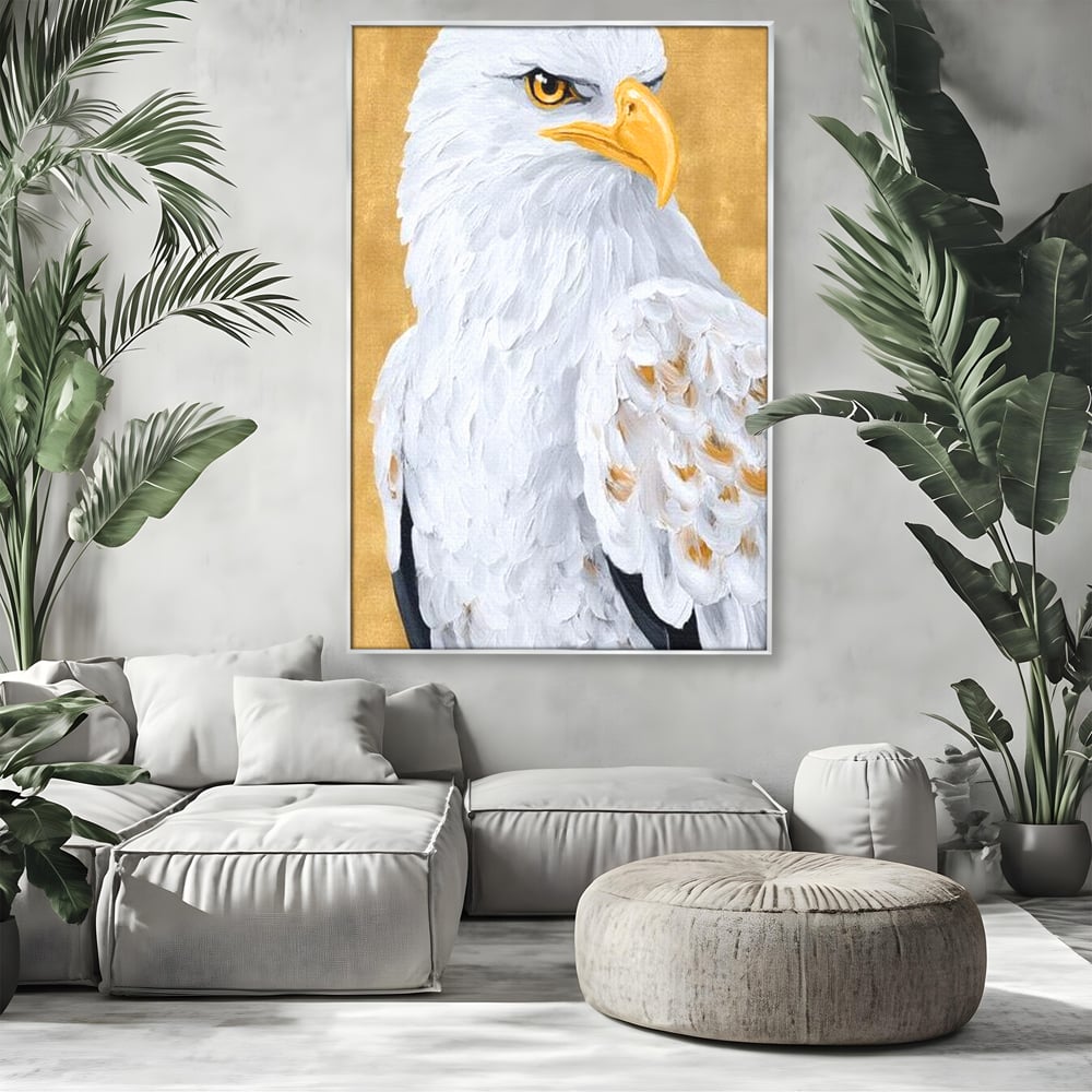 Leinwand Premium Canvas Wandkunst, LuxCanva® M1109, geschnitzter Flügel, Adler, Blick, Vogel, Malerei, Kraft, Textur, Kunst, Porträt, weiß, vertikal, königlich, Büro, Wohnen, Kinderzimmer