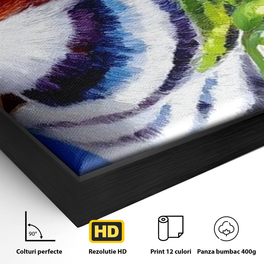 Tablou Canvas Premium, LuxCanva® M1110, Curcubeu Satinat, Papagal, Tropical, Exotic, Matase, Multicolor, Portret, Culori Vibrante, Pigment, Pictura, Birou, Living, Camera Copil