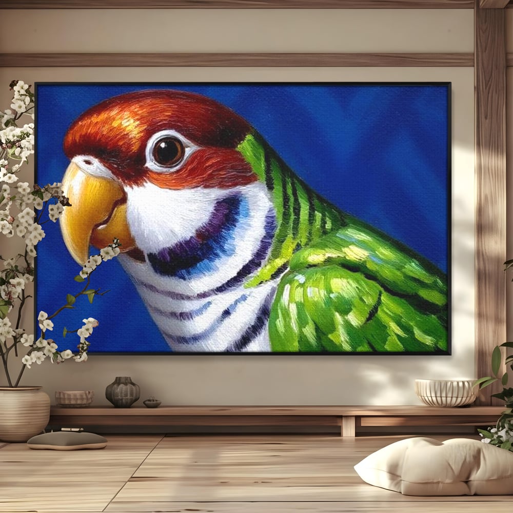 Tablou Canvas Premium, LuxCanva® M1110, Curcubeu Satinat, Papagal, Tropical, Exotic, Matase, Multicolor, Portret, Culori Vibrante, Pigment, Pictura, Birou, Living, Camera Copil