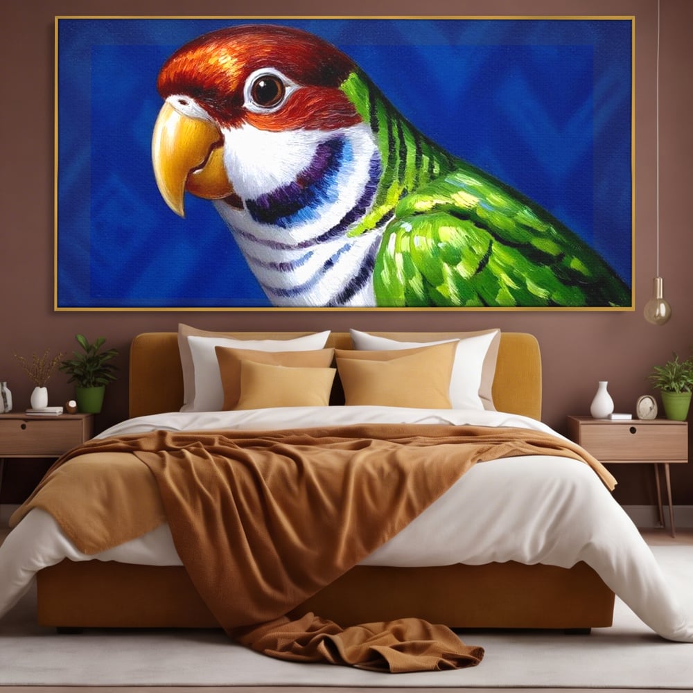 Tablou Canvas Premium, LuxCanva® M1110, Curcubeu Satinat, Papagal, Tropical, Exotic, Matase, Multicolor, Portret, Culori Vibrante, Pigment, Pictura, Birou, Living, Camera Copil