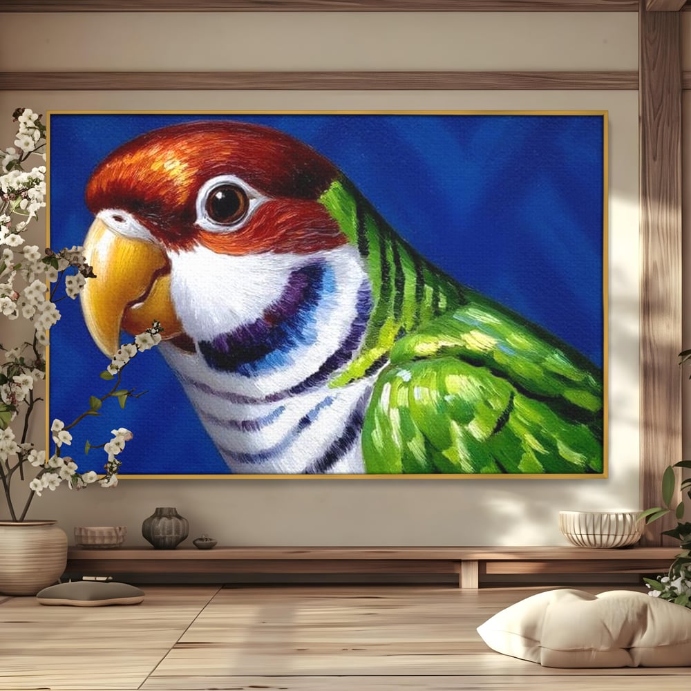 Tablou Canvas Premium, LuxCanva® M1110, Curcubeu Satinat, Papagal, Tropical, Exotic, Matase, Multicolor, Portret, Culori Vibrante, Pigment, Pictura, Birou, Living, Camera Copil