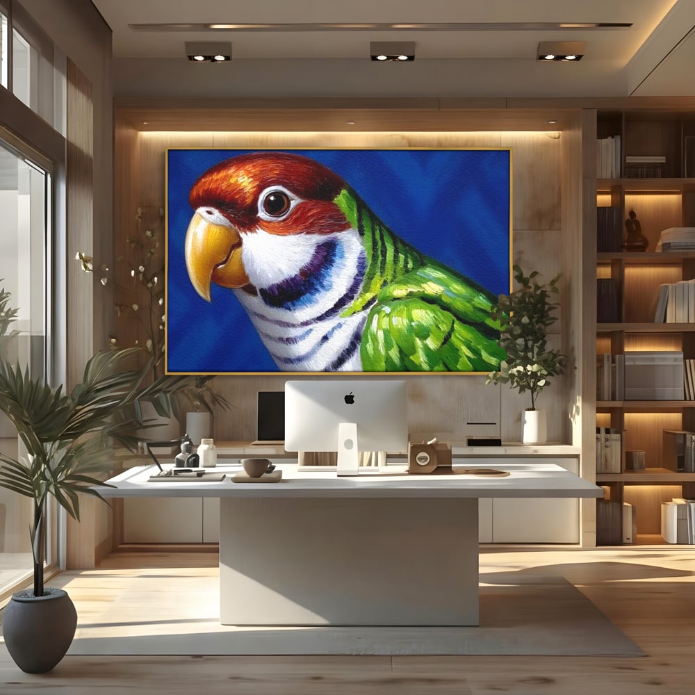 Tablou Canvas Premium, LuxCanva® M1110, Curcubeu Satinat, Papagal, Tropical, Exotic, Matase, Multicolor, Portret, Culori Vibrante, Pigment, Pictura, Birou, Living, Camera Copil