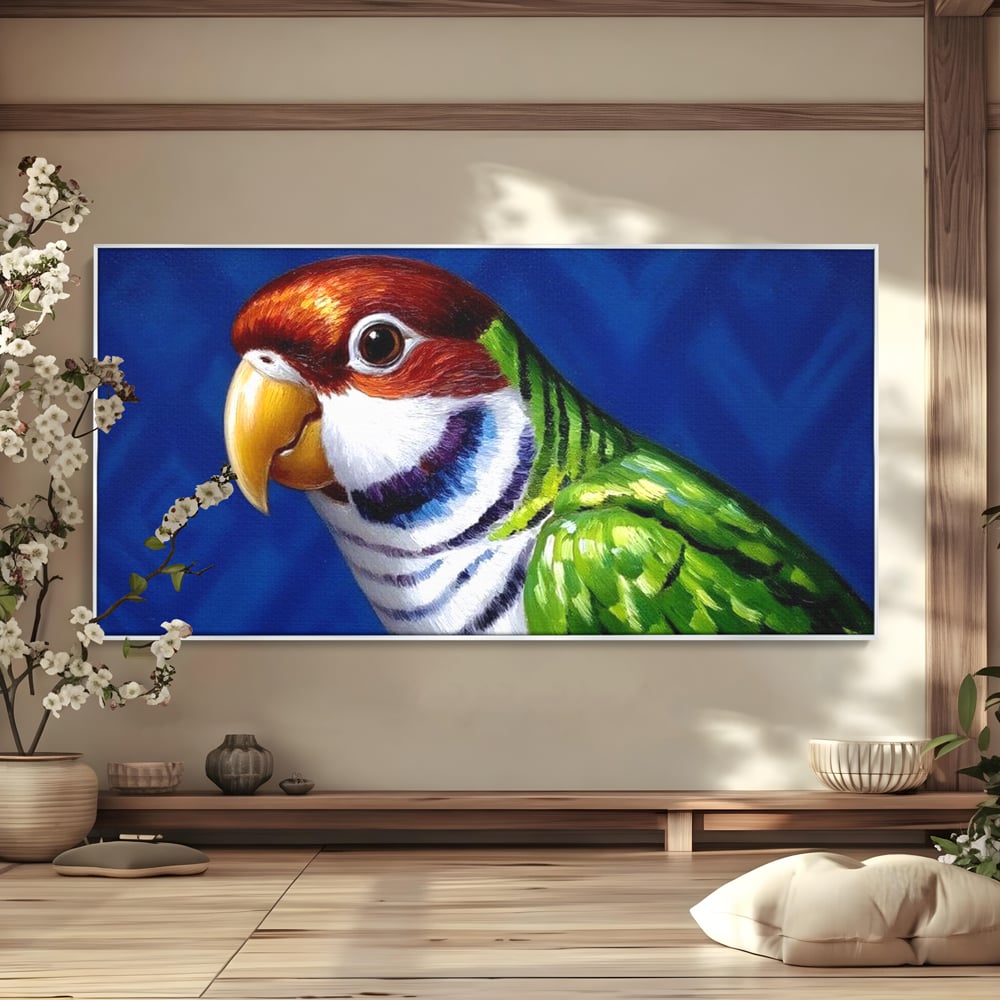 Tablou Canvas Premium, LuxCanva® M1110, Curcubeu Satinat, Papagal, Tropical, Exotic, Matase, Multicolor, Portret, Culori Vibrante, Pigment, Pictura, Birou, Living, Camera Copil