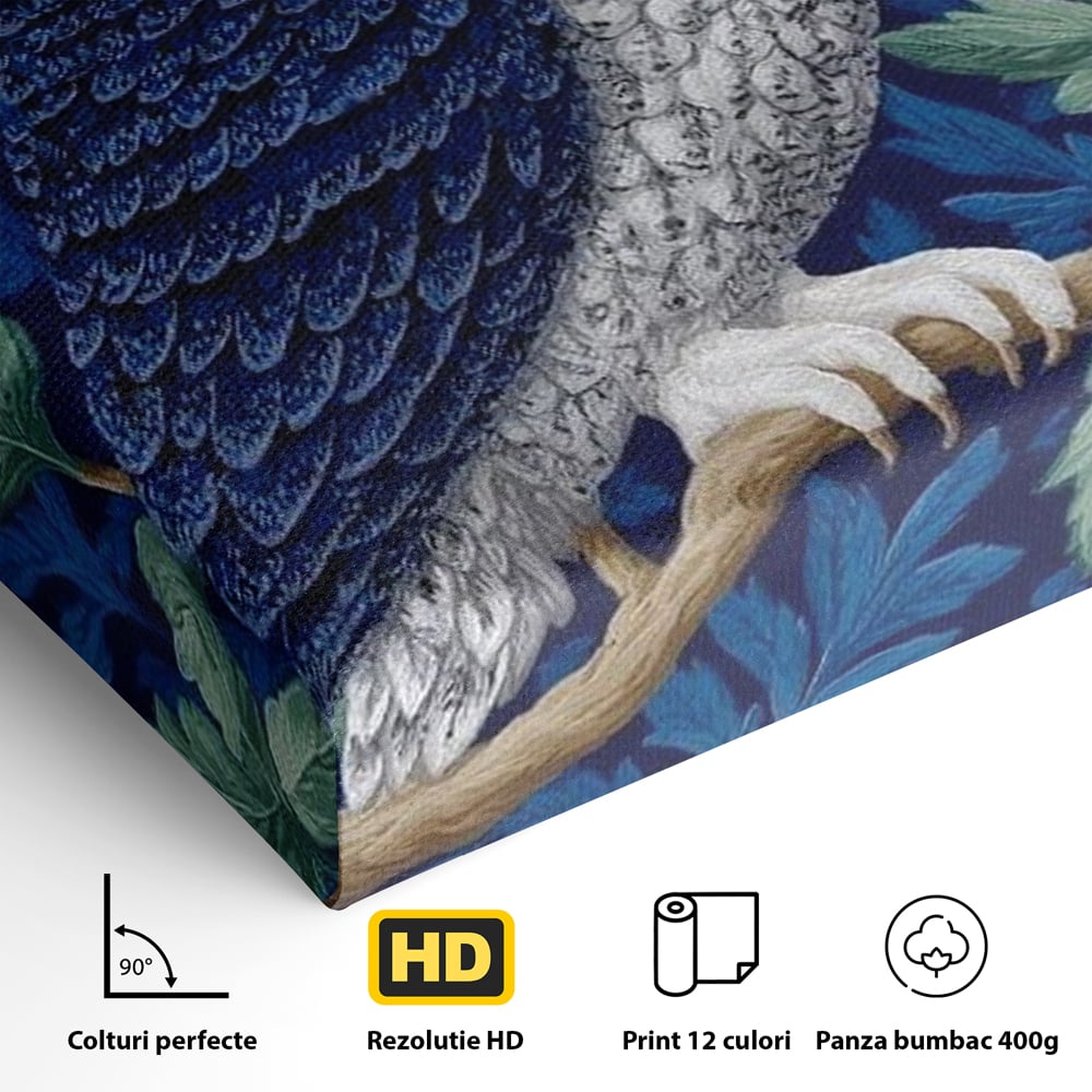 Tablou Canvas Premium, LuxCanva® M1111, Broderie de Noapte, Bufnita, Mister, Frunzis, Natura, Pasare, Ramuri, Noapte, Aripi, Albastru, Static, Birou, Living, Camera Copil