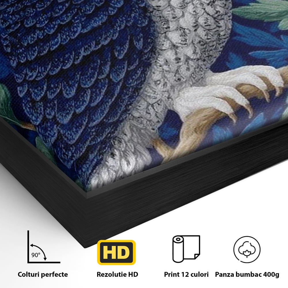 Tablou Canvas Premium, LuxCanva® M1111, Broderie de Noapte, Bufnita, Mister, Frunzis, Natura, Pasare, Ramuri, Noapte, Aripi, Albastru, Static, Birou, Living, Camera Copil