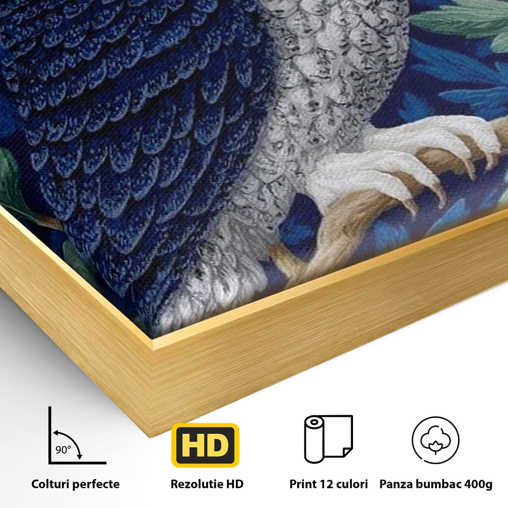 Tablou Canvas Premium, LuxCanva® M1111, Broderie de Noapte, Bufnita, Mister, Frunzis, Natura, Pasare, Ramuri, Noapte, Aripi, Albastru, Static, Birou, Living, Camera Copil
