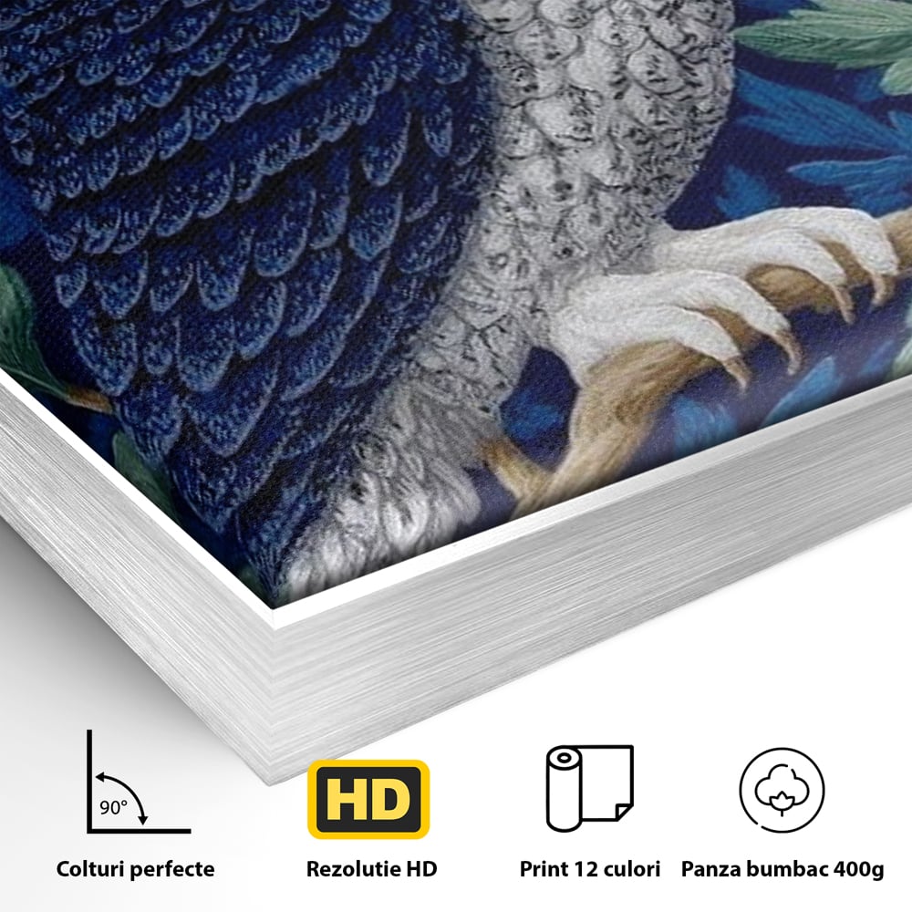 Tablou Canvas Premium, LuxCanva® M1111, Broderie de Noapte, Bufnita, Mister, Frunzis, Natura, Pasare, Ramuri, Noapte, Aripi, Albastru, Static, Birou, Living, Camera Copil