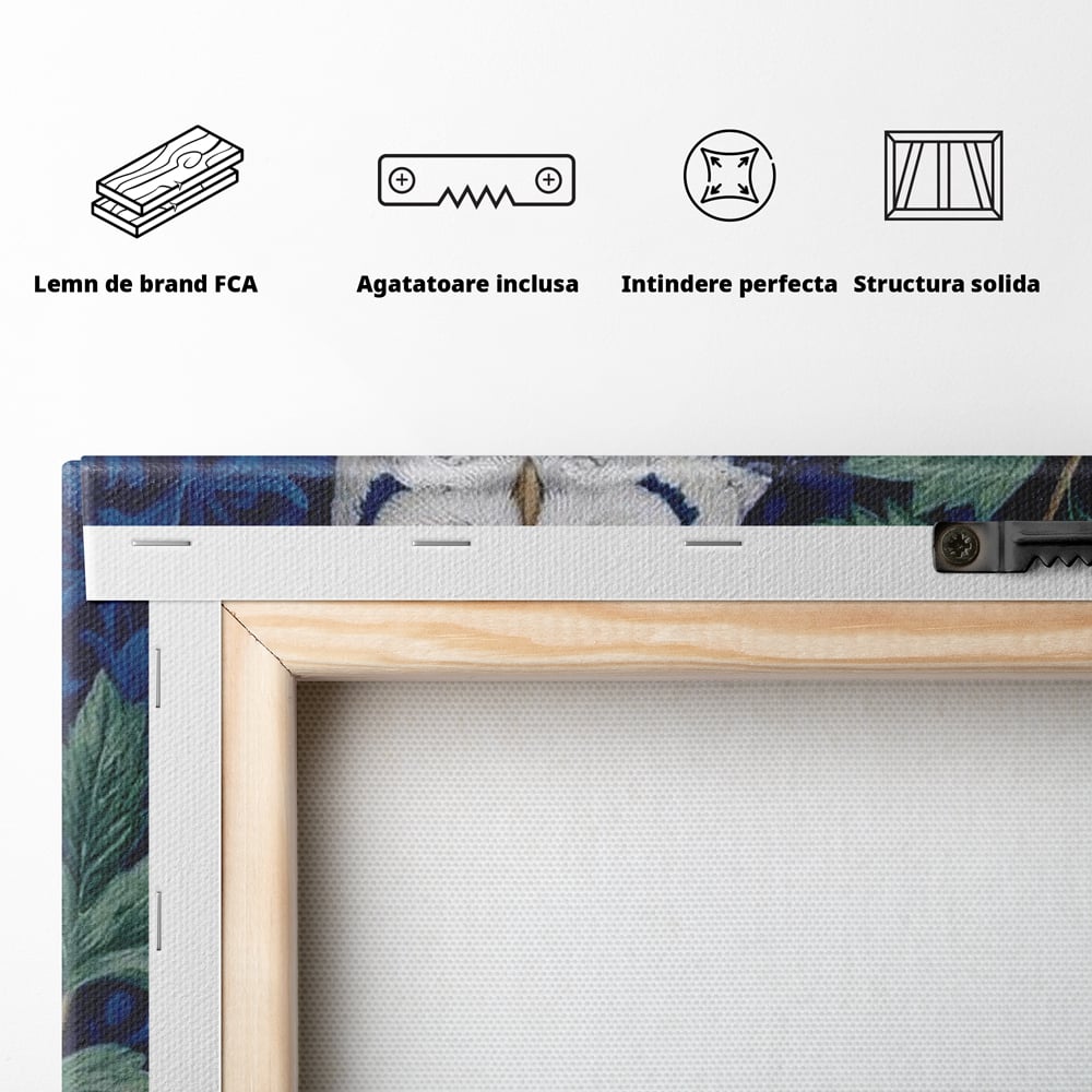 Tablou Canvas Premium, LuxCanva® M1111, Broderie de Noapte, Bufnita, Mister, Frunzis, Natura, Pasare, Ramuri, Noapte, Aripi, Albastru, Static, Birou, Living, Camera Copil