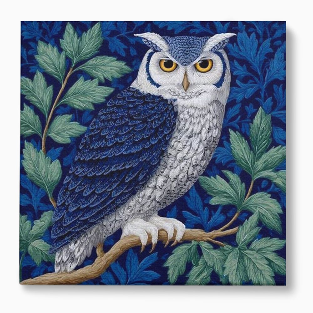 Tablou Canvas Premium, LuxCanva® M1111, Broderie de Noapte, Bufnita, Mister, Frunzis, Natura, Pasare, Ramuri, Noapte, Aripi, Albastru, Static, Birou, Living, Camera Copil