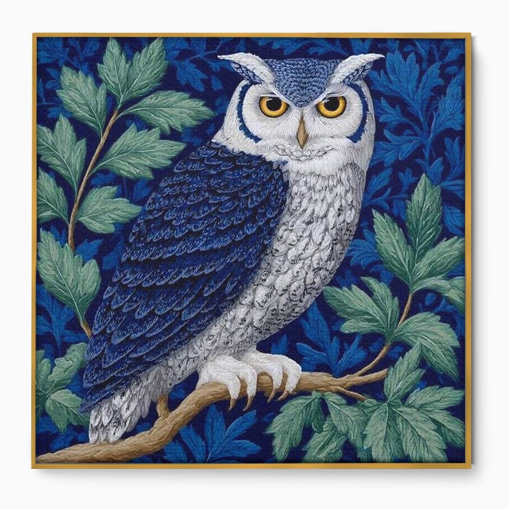 Tablou Canvas Premium, LuxCanva® M1111, Broderie de Noapte, Bufnita, Mister, Frunzis, Natura, Pasare, Ramuri, Noapte, Aripi, Albastru, Static, Birou, Living, Camera Copil