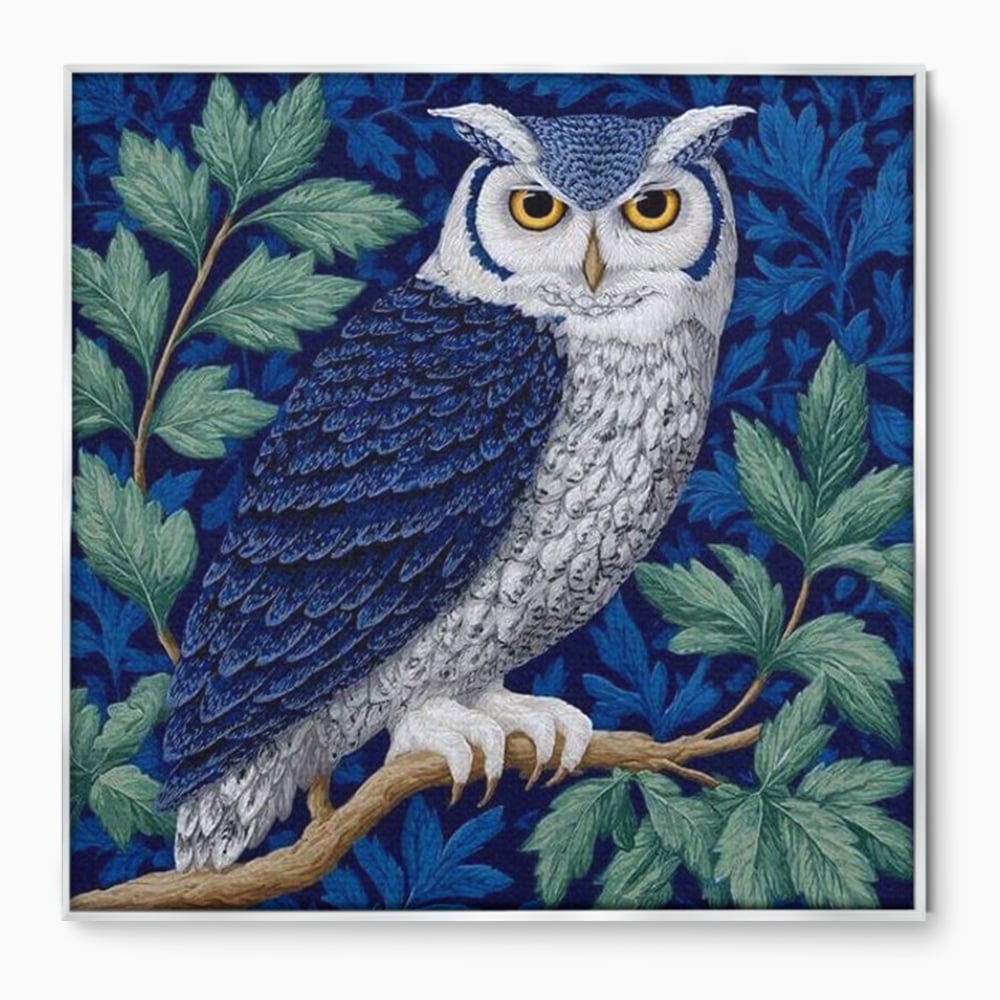 Tablou Canvas Premium, LuxCanva® M1111, Broderie de Noapte, Bufnita, Mister, Frunzis, Natura, Pasare, Ramuri, Noapte, Aripi, Albastru, Static, Birou, Living, Camera Copil
