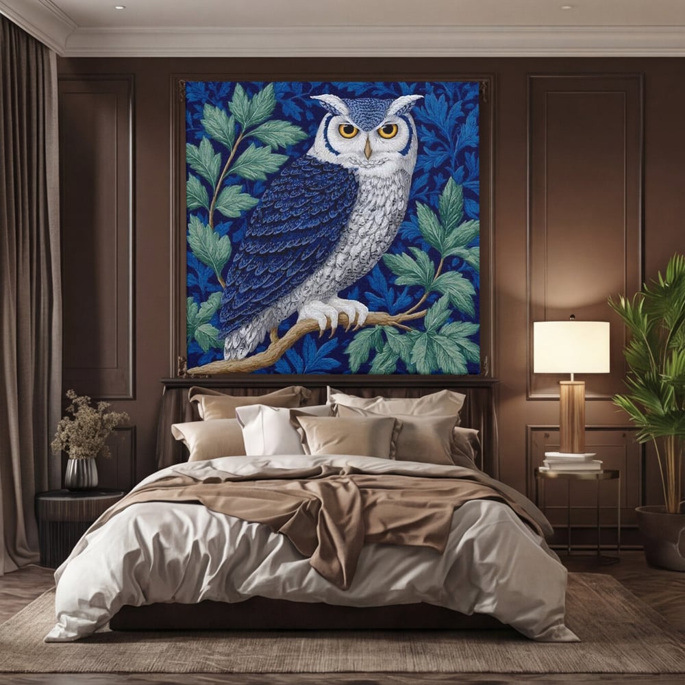 Tablou Canvas Premium, LuxCanva® M1111, Broderie de Noapte, Bufnita, Mister, Frunzis, Natura, Pasare, Ramuri, Noapte, Aripi, Albastru, Static, Birou, Living, Camera Copil