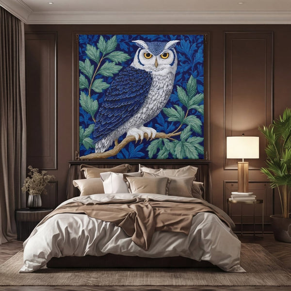 Tablou Canvas Premium, LuxCanva® M1111, Broderie de Noapte, Bufnita, Mister, Frunzis, Natura, Pasare, Ramuri, Noapte, Aripi, Albastru, Static, Birou, Living, Camera Copil