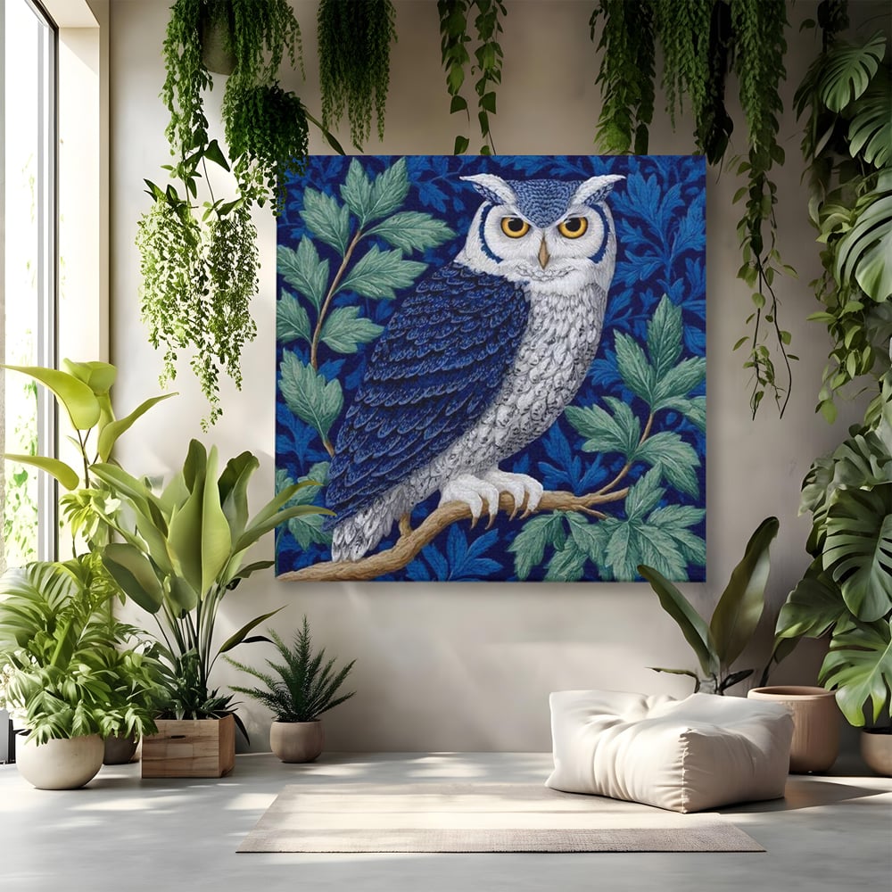 Tablou Canvas Premium, LuxCanva® M1111, Broderie de Noapte, Bufnita, Mister, Frunzis, Natura, Pasare, Ramuri, Noapte, Aripi, Albastru, Static, Birou, Living, Camera Copil
