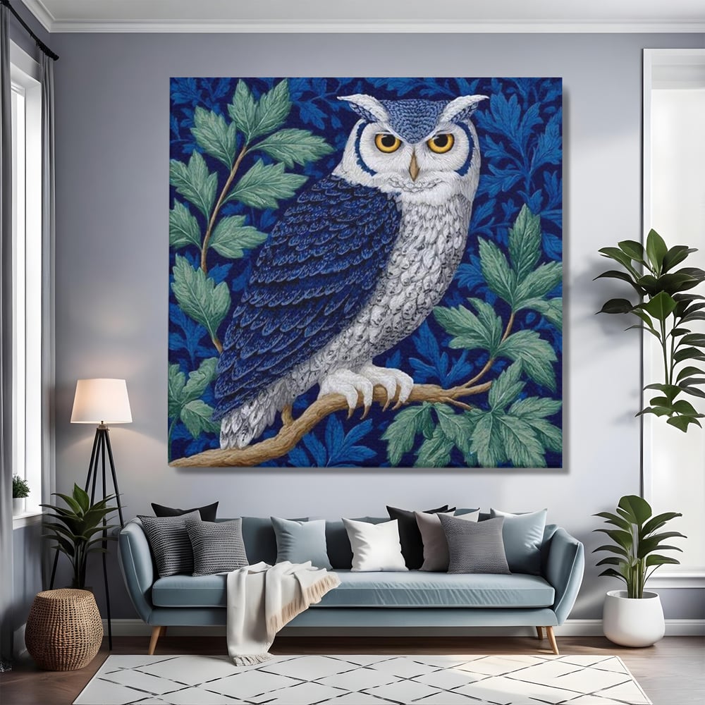 Tablou Canvas Premium, LuxCanva® M1111, Broderie de Noapte, Bufnita, Mister, Frunzis, Natura, Pasare, Ramuri, Noapte, Aripi, Albastru, Static, Birou, Living, Camera Copil